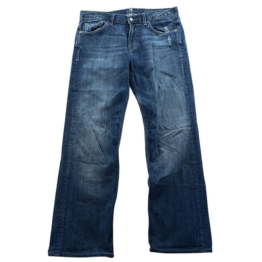 7 For All Mankind Men's Austyn Jeans 34x29 Measured Blue Denim Distressed Straig